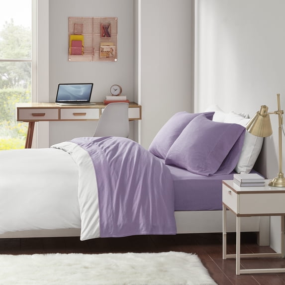 Comfort Classics All Season Cotton Blend Jersey Knit 4 Piece Purple Sheet Set, Queen