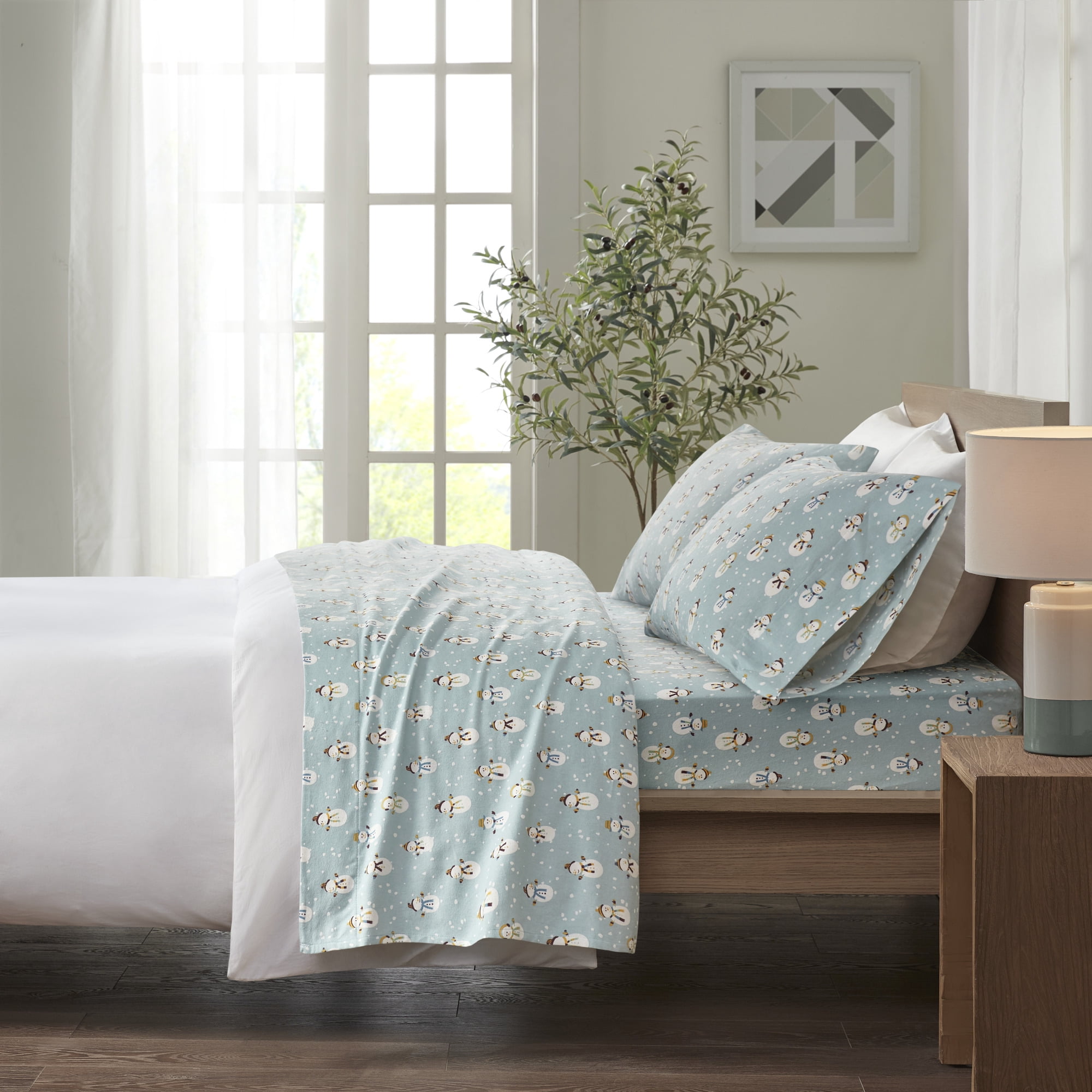 Comfort Classics Cozy Cotton Flannel Printed Blue Snowmen 4-Piece Sheet Set, King