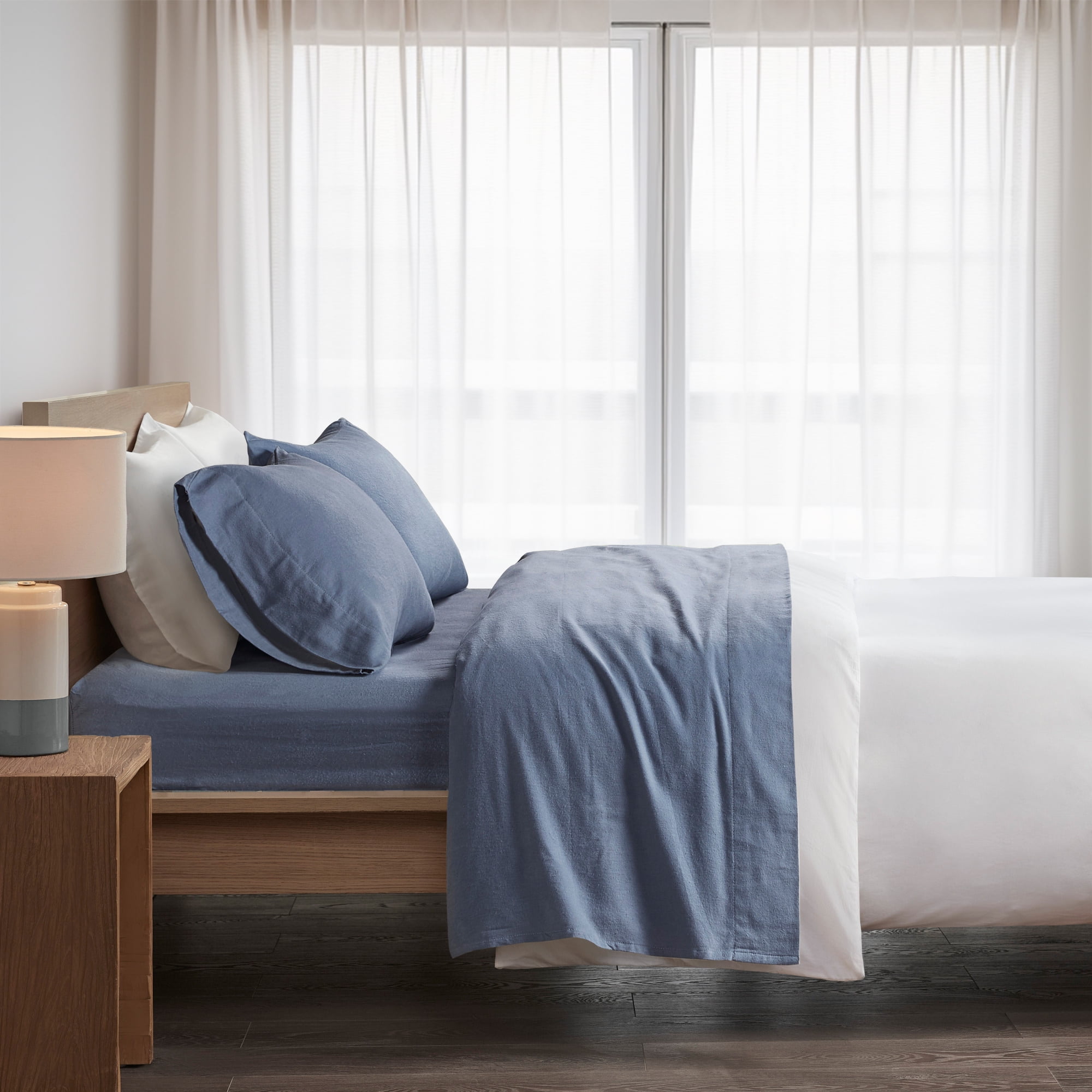 Twin Blue Solid Cotton Flannel Sheet Set