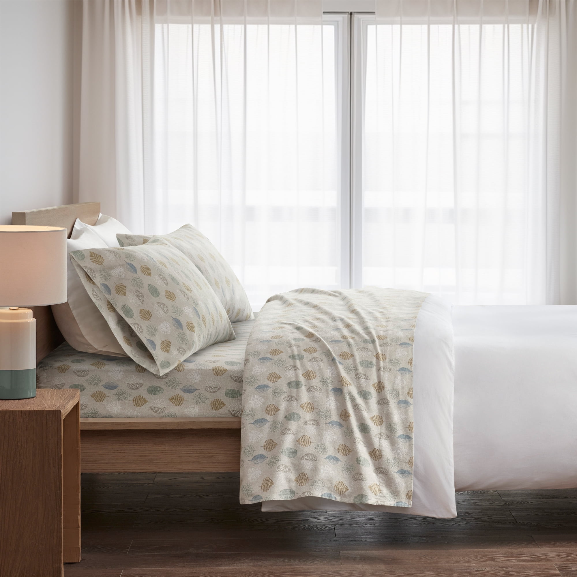Full Size Beige and Blue Cotton Flannel Sheet Set