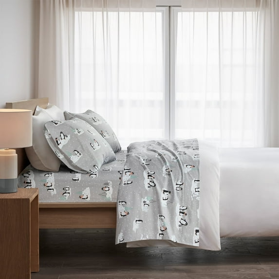 Regency Heights King Size Cotton Flannel Sheet Set, 4-Piece Flannel Bed Sheets King, 100% Cotton Bed Sheets Set with Deep Pocket, Grey Penguins