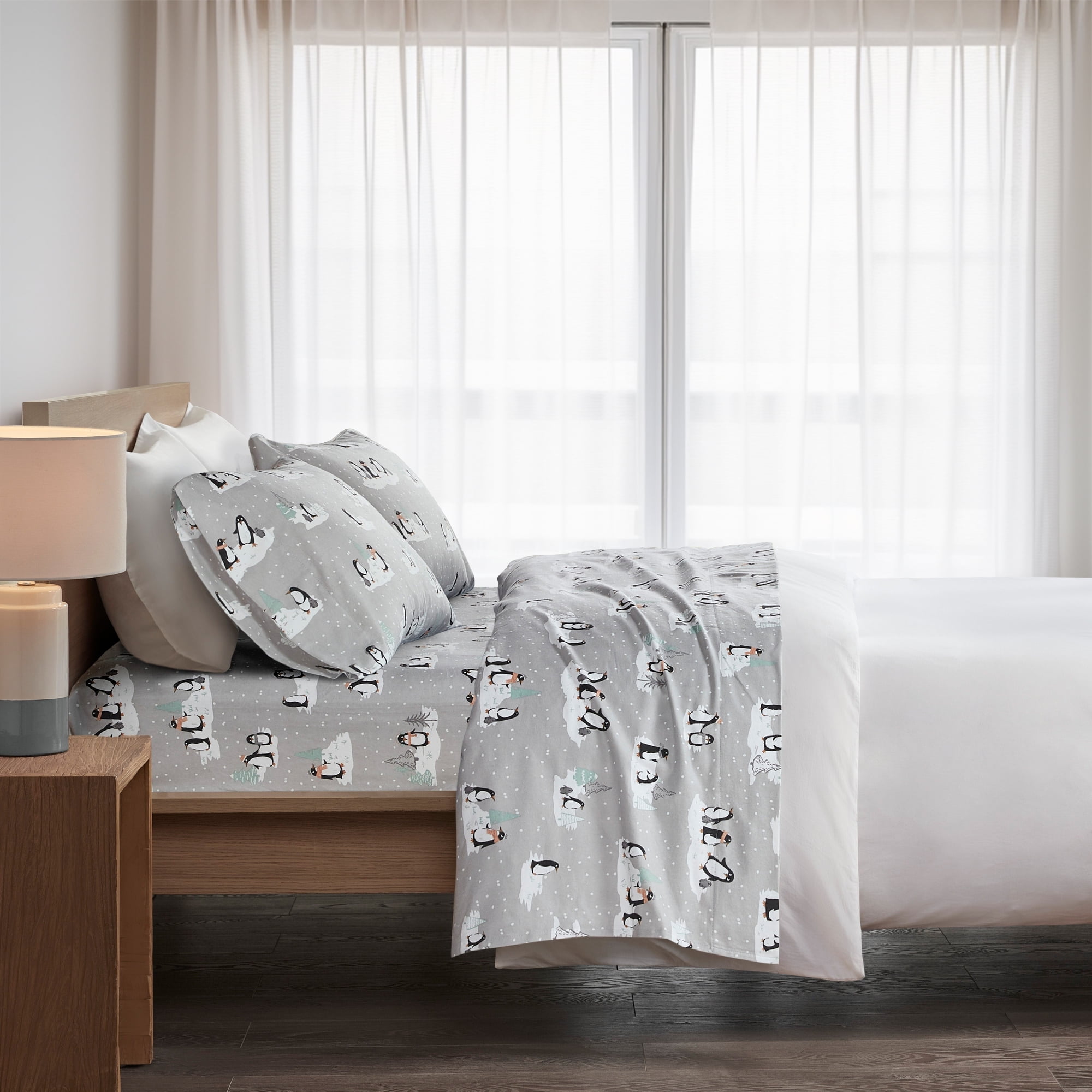 Gray Cotton Flannel Queen Sheet Set with Penguin Print