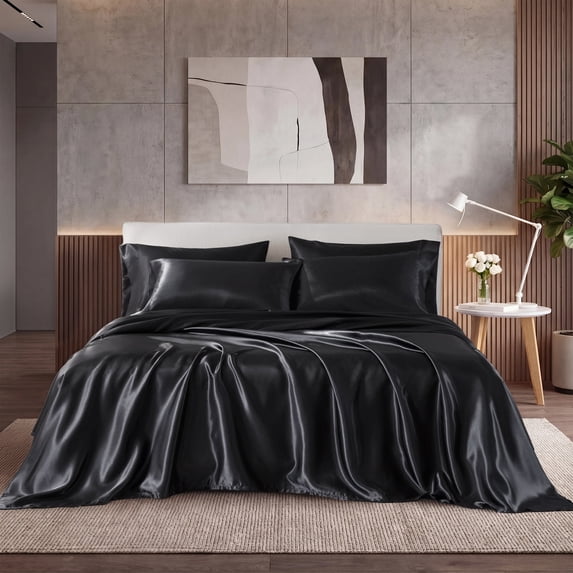 Regency Heights Black Satin Sheet Set King Size, 6-Piece Silky Bed Sheets with 16" Deep Pocket Fitted Sheet