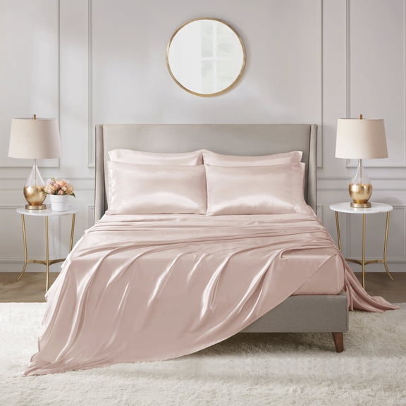 Regency Heights Satin Sheet Set, Cal King Bed Sheets with Pillowcases, 6-Piece Luxury Silky Sheet Set, Pink, Gifts for Women