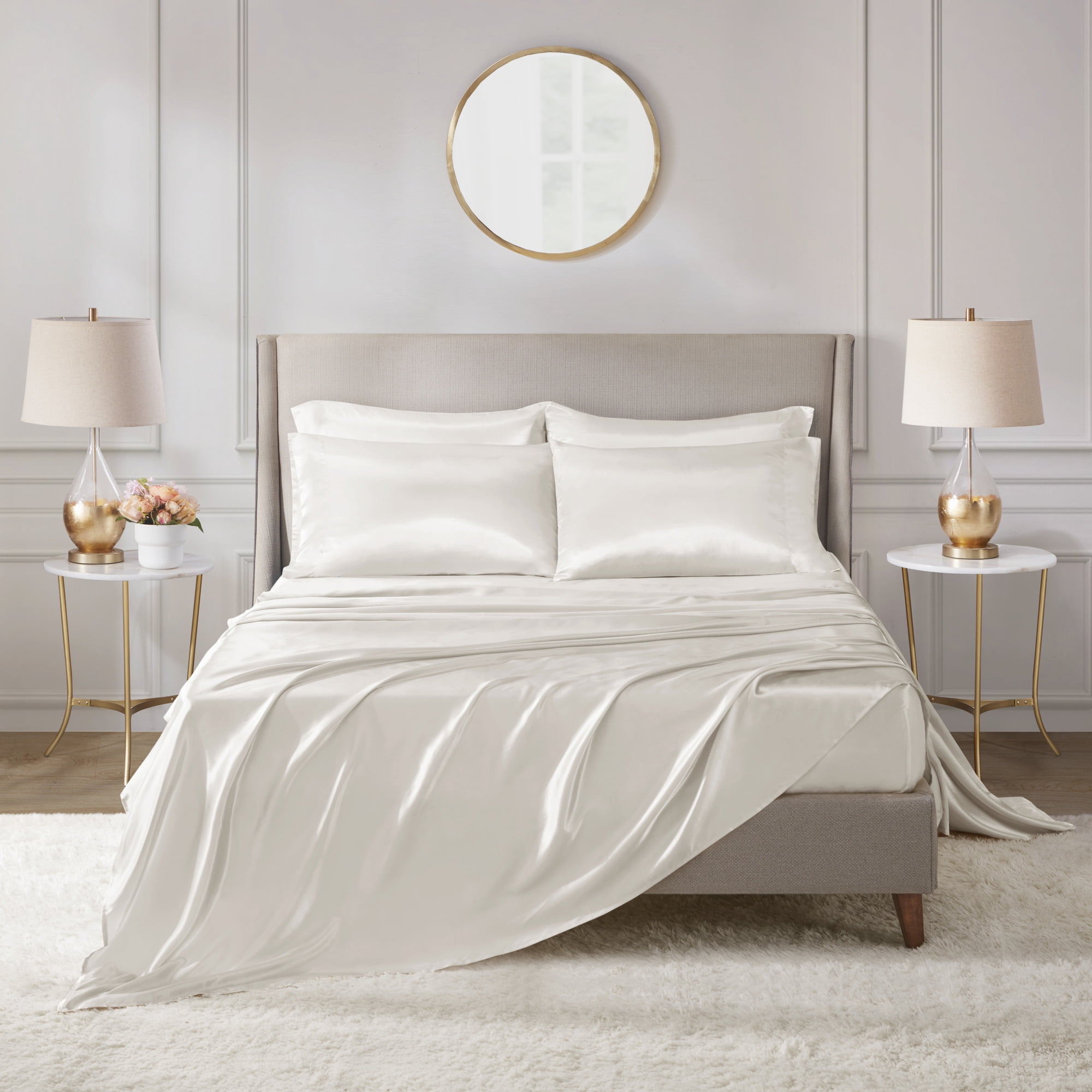 Ivory Queen Satin Polyester 6-Piece Luxury Sheet Set