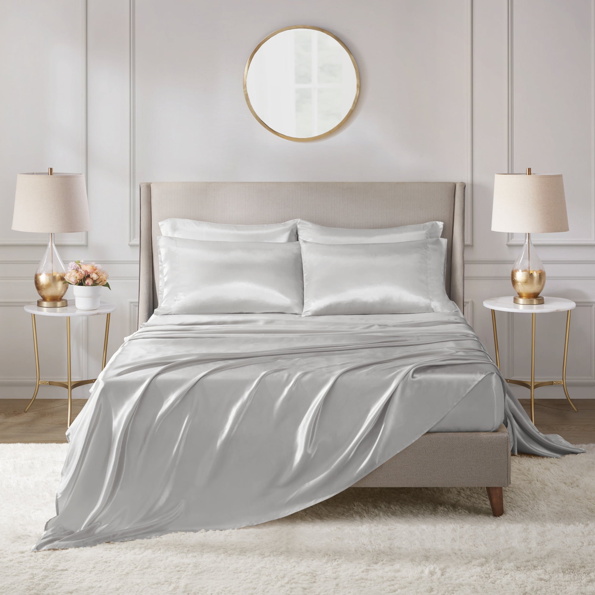 Super Soft Silky Satin Luxury Bed Sheet Set (Grey, Queen / King