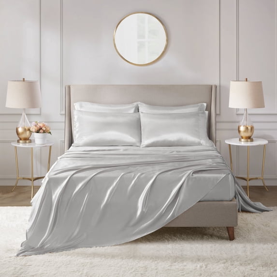 Regency Heights Light Grey Satin Sheet Set Full Size, 6-Piece Silky Bed Sheets with 16" Deep Pocket Fitted Sheet