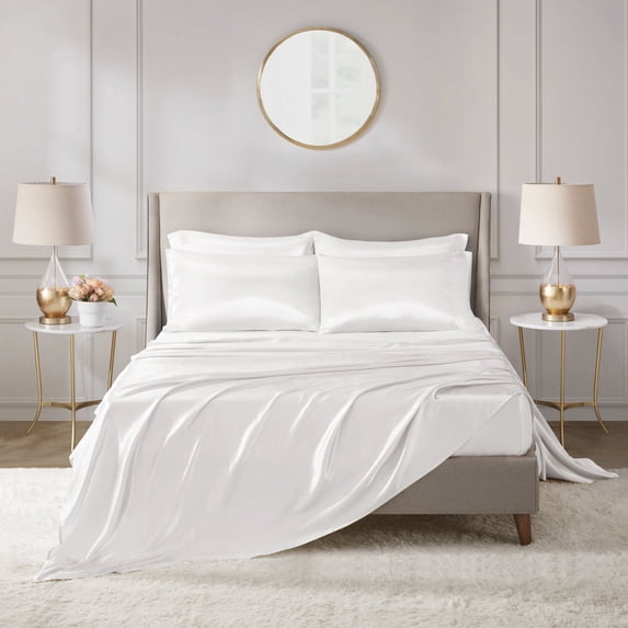 Regency Heights White Satin Sheet Set Full Size, 6-Piece Silky Bed Sheets with 16" Deep Pocket Fitted Sheet