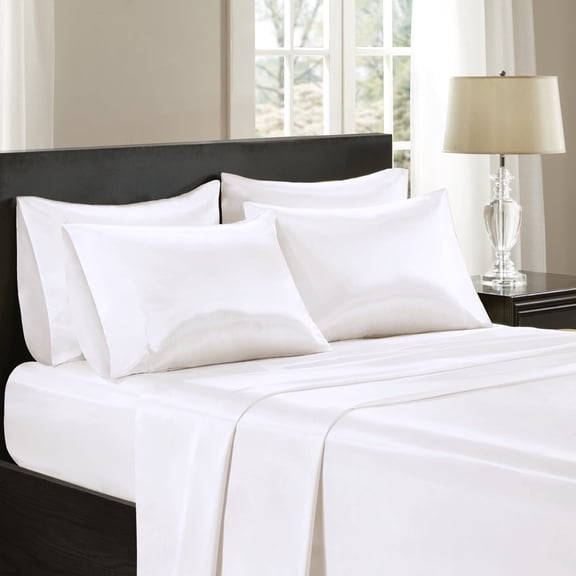 Regency Heights White Satin Sheet Set Queen Size, 6-Piece Silky Bed Sheets with 16" Deep Pocket Fitted Sheet