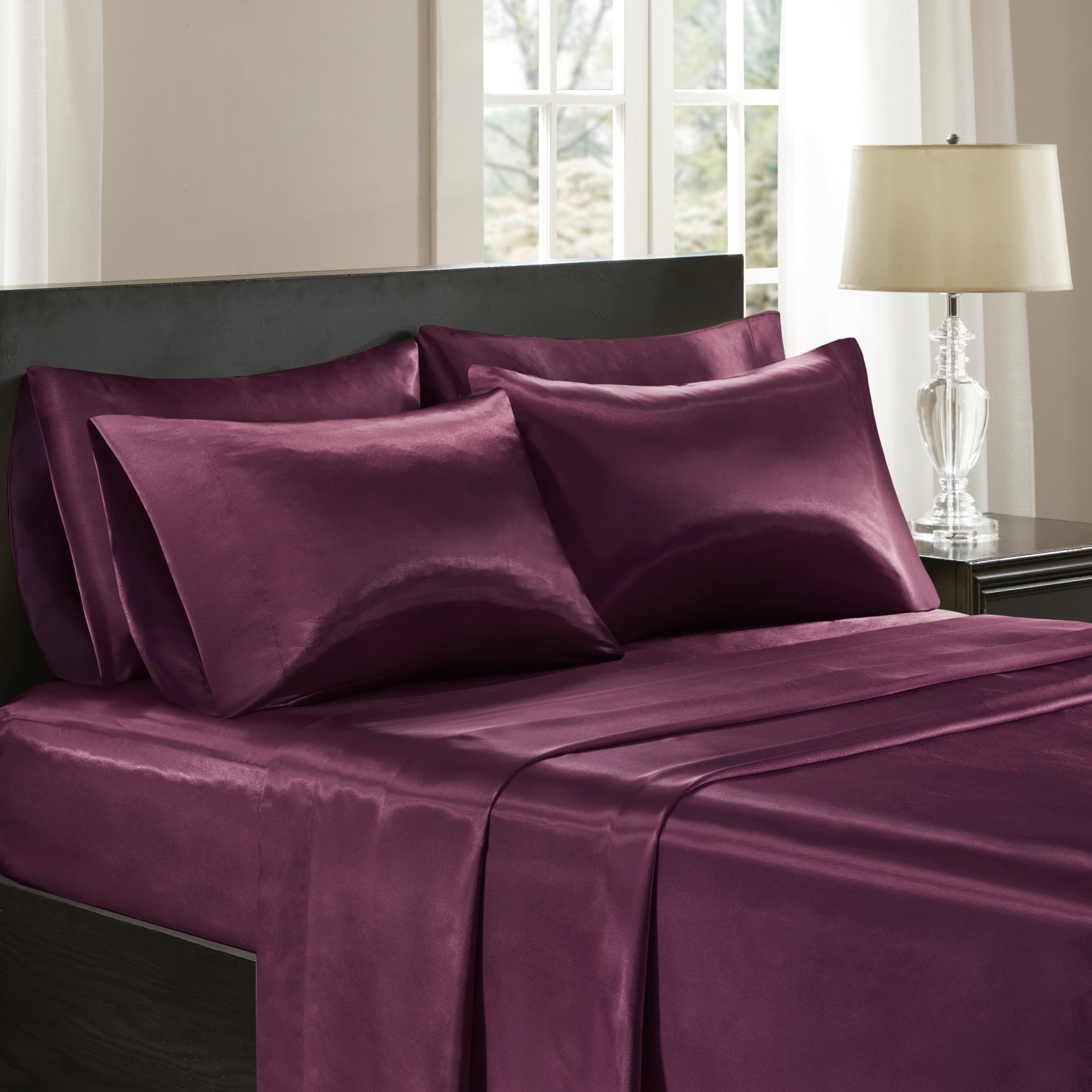 Comfort Classics Solid Purple Satin 6 Piece Sheet Set, Queen