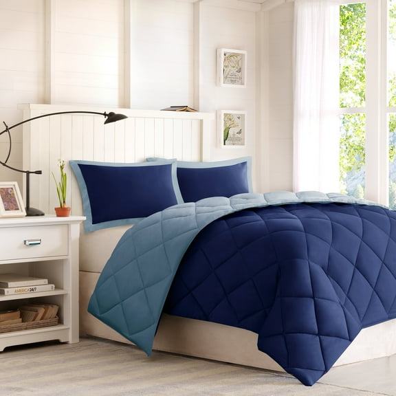 Comfort Classics Windsor Reversible Down Alternative 3M Scotchgard Comforter Set, Navy/Light Blue, Full/Queen