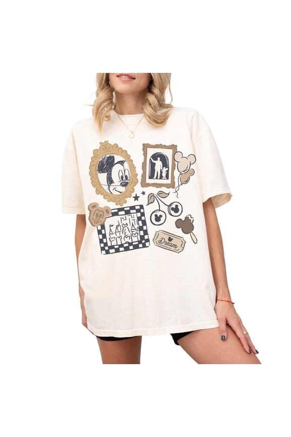 Comfort Color Coquette Bow Mickey Checkered Comfort Colors T-Shirt, Retro Mickey Checkered Shirt, Mickey Sketch, Vintage Snacks Disney Foodies,Ivory Color,Size L