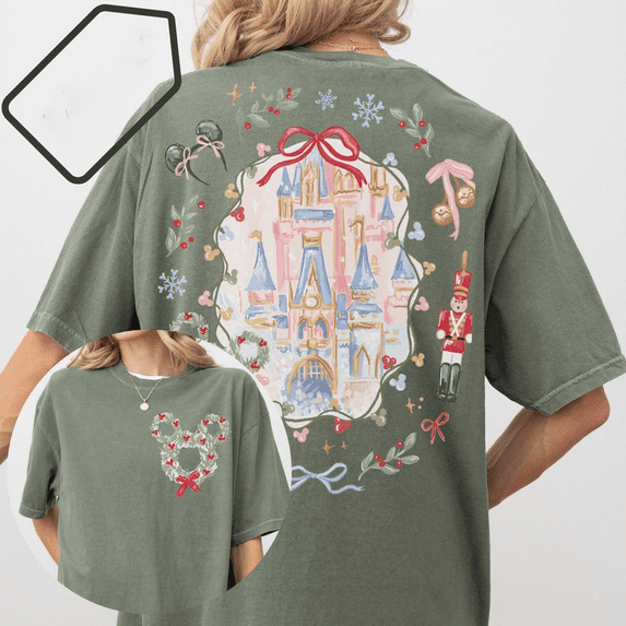 Comfort Color® Disney Merry Christmas Shirt, Vintage Disney Mickey Coquette Bow Christmas tee, Disney trip Xmas Tshirt,Moss Color,Size L
