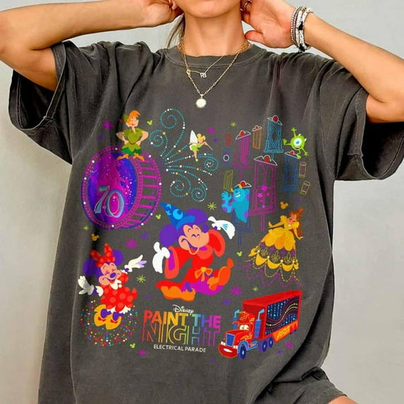 Comfort Color Disney Paint the Night Electrical Parade Tshirt, Disneyland 70th Anniversary Celebration 1955-2025, Disney Girl Trip Family,Pepper Color,Size M
