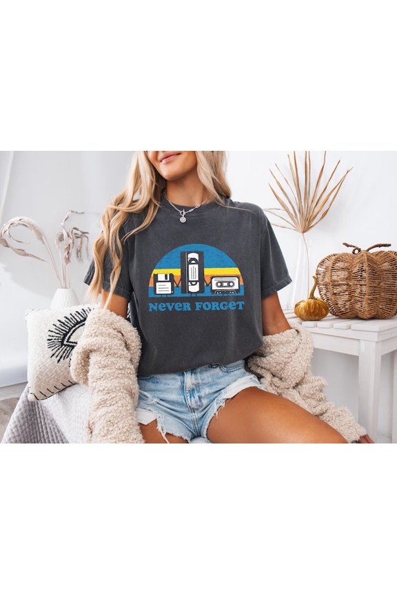 Comfort Color Never Forget Retro Tech Graphic T Shirt Vintage Cassette VHS Floppy Disk Tee