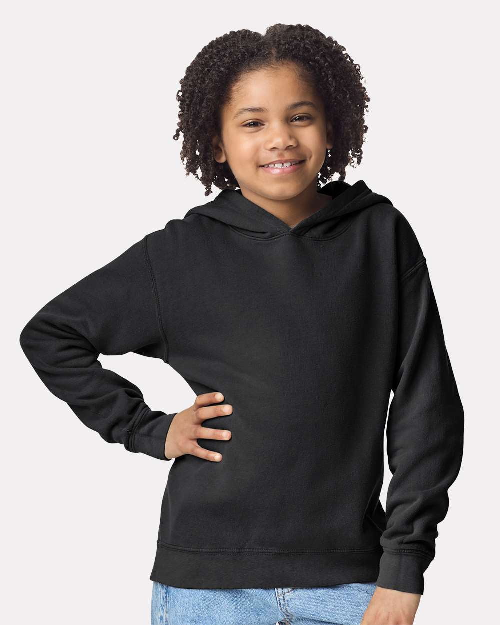 Comfort Colors 1467Y Garment-Dyed Youth Lightweight Fleece Hooded Sweatshirt-Black-S
