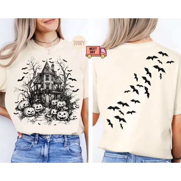 Comfort Colors 1717 Haunted House Pumpkin Bats Both-Sides Printed Halloween T-Shirt, 100% Cotton – Gift for Halloween