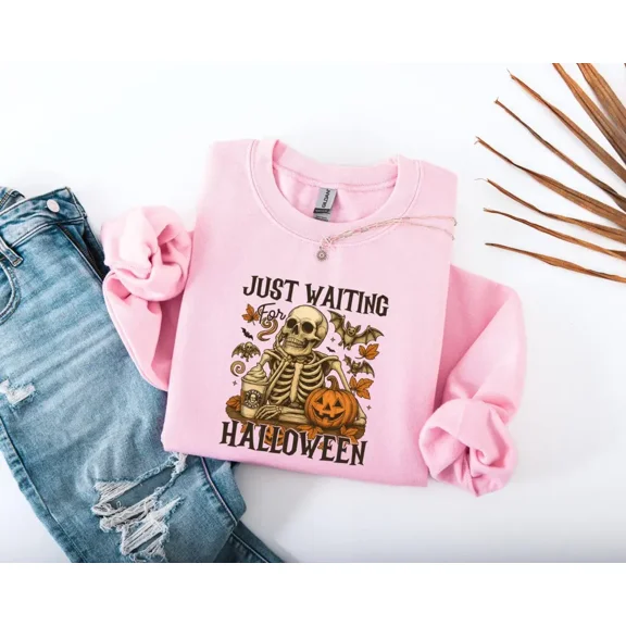 Comfort Colors 1717 Just Waiting for Halloween Skeleton Pumpkin T-Shirt 100% Cotton - Gift for Halloween