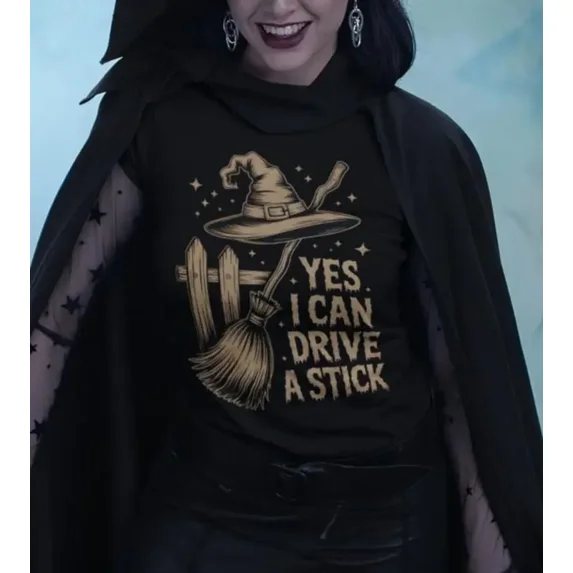 Comfort Colors 1717 Yes I Can Drive A Stick Witch Design Halloween T-Shirt 100% Cotton - Gift for Halloween