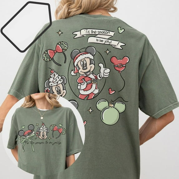 Comfort Colors 2 Sided Disney Christmas Mickey Tis the Season to be Jolly T-Shirt, Disney Family Matching Xmas Shirt,Moss Color,Size 3XL