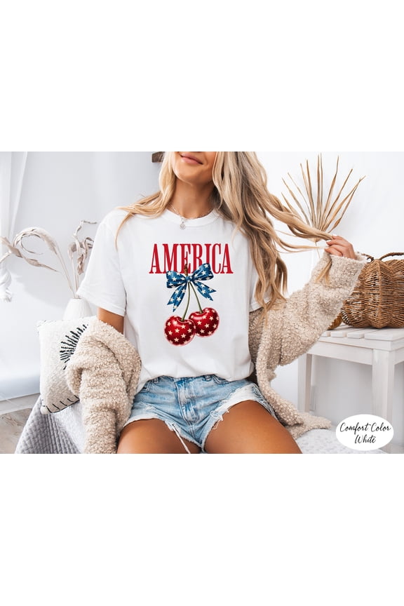 Comfort Colors® 4th of July America CherryT- Shirt, Patriotic Coquette Bow Graphic Tee, USA Flag Cherries T-Shirt, Cute Women Independence Day Top