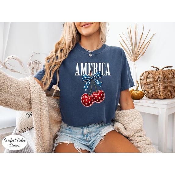 Comfort Colors® 4th of July America CherryT- Shirt, Patriotic Coquette Bow Graphic Tee, USA Flag Cherries T-Shirt, Cute Women Independence Day Top