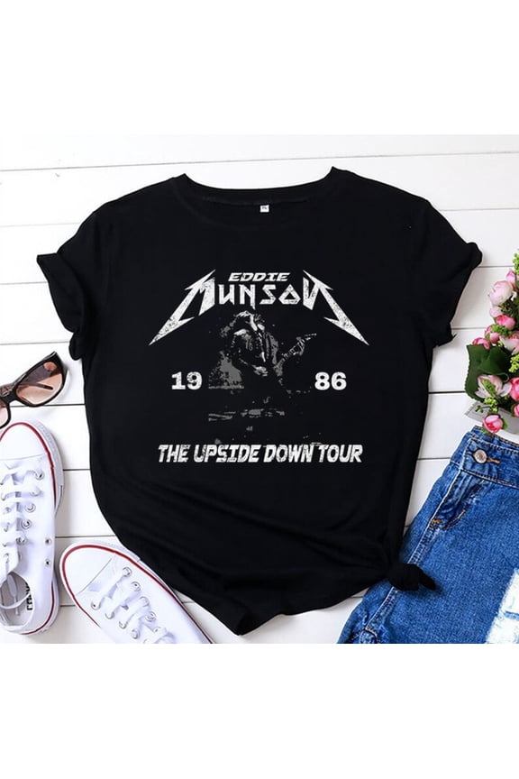 Comfort Colors Black T-Shirt with Eddie Munson Graphic, 1986 Upside Down Tour Design, Distressed Vintage Style
