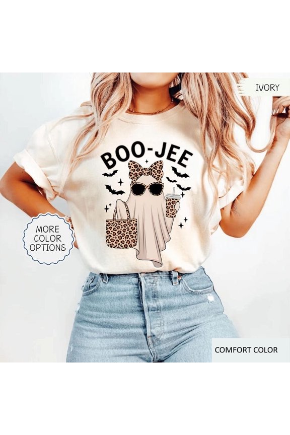 Comfort Colors Boo-Jee Ghost Shirt, Leopard Ghost Coffee Tee, Cute Girly Halloween Gift T-Shirt Ivory