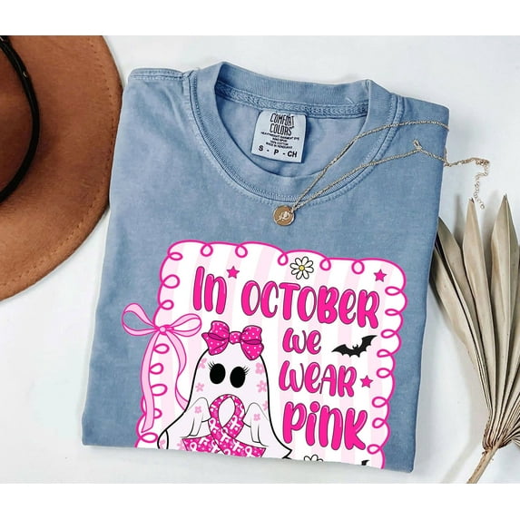 Comfort Colors Breast Cancer Awareness Shirt – In October We Wear Pink, Coquette Halloween Pink Ghost Tee, Preppy Pink Ribbon Support T-Shirt