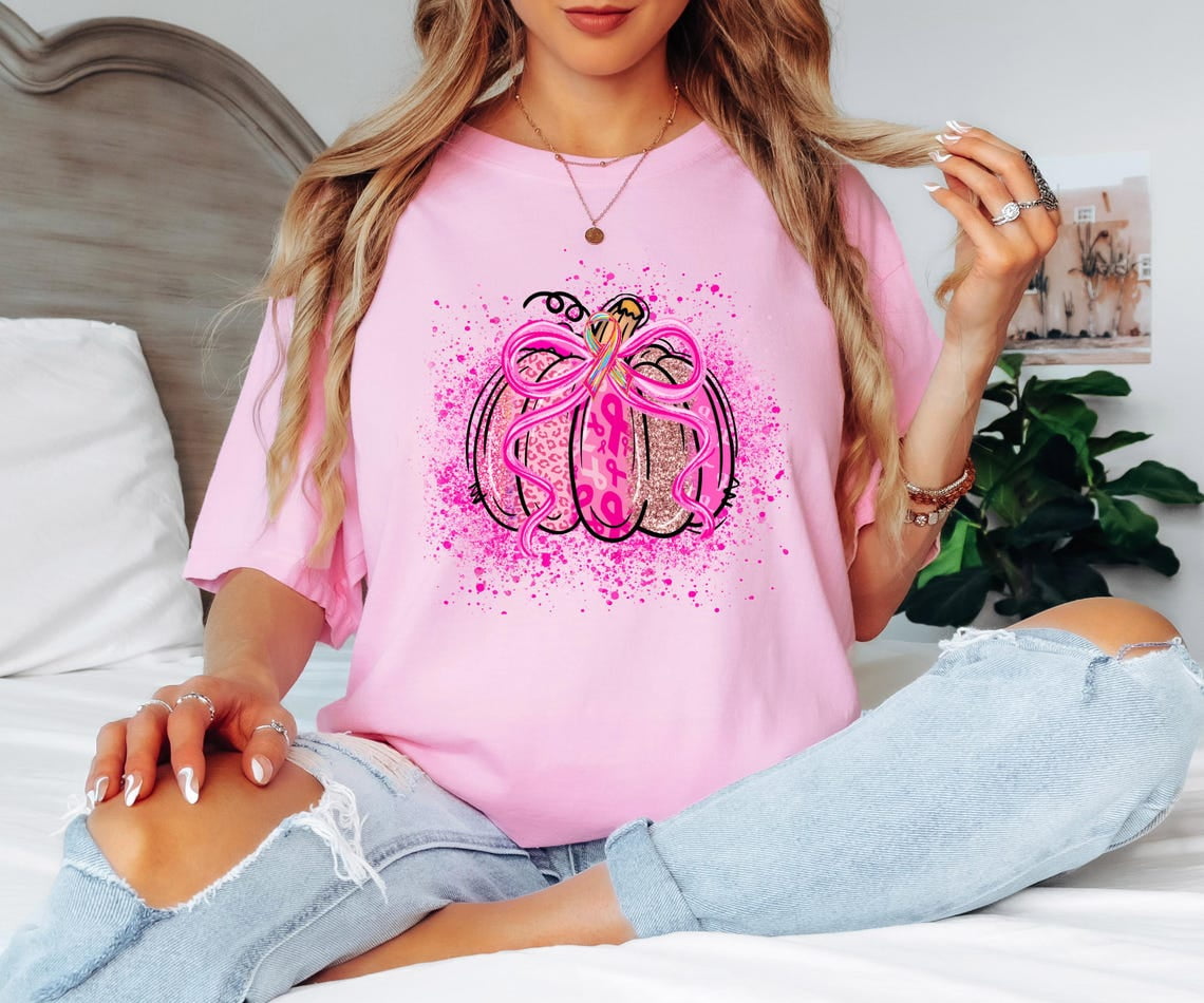 Breast Cancer Pumpkin Shirt, Pink Ribbon Awareness Tee, Faux Glitter ...