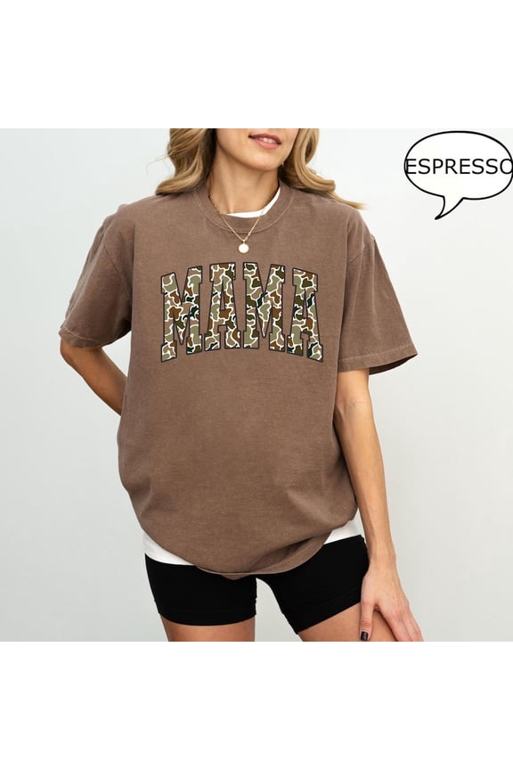 Comfort Colors Camouflage Mama T-Shirt, Camo Print Retro Varsity Mom Tee Gift