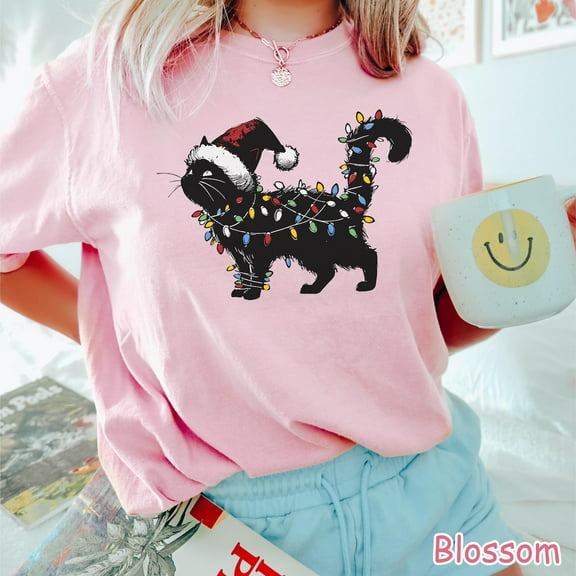 Comfort Colors Cat and Christmas Lights Shirt, Funny Holiday Cat T-Shirt, Cat Lover Christmas Gift
