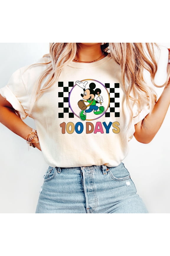 Comfort ColorsĀ® Checkered Mickey 100 Days Shirt, Disney 100 Days Of School T-shirt, Mickey 100Th Day Of School Shirt, Disney School Shirt