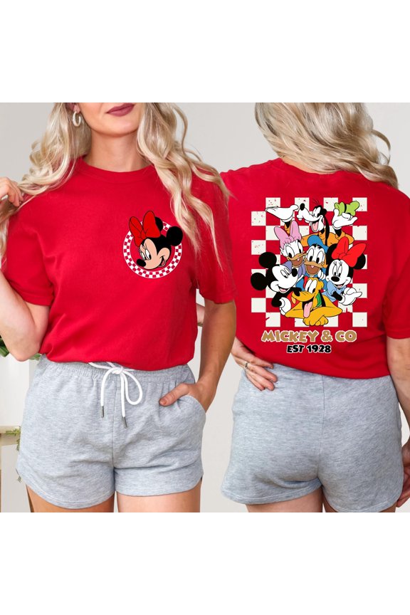 Comfort Colors® Checkered Mickey And Friends Shirt, Disney Two-Sided Shirt, Mickey And Co Est. 1928 Shirt, Disney Family Shirt