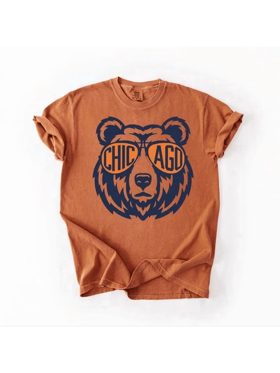 Comfort Colors® Chicago Football Bear Mascot Graphic T-Shirt, Funny Sunglasses Design, Navy and Orange Game Day Tee