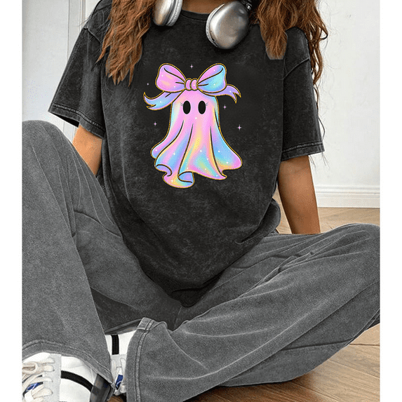 Comfort Colors Coquette Ghost Print T-shirts Spooky Season Graphic Tees Short Sleeve Casual Acid Washed Tops for Daily Outfits Halloween Gift Black,XL