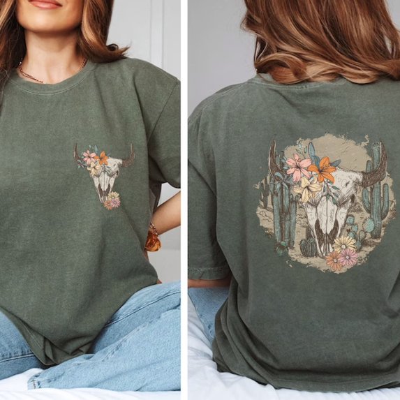 Cow Skull Shirt, Vintage Floral Cow Skull Shirt, Country Music Shirt, Western Music Shirt, Gift For Her