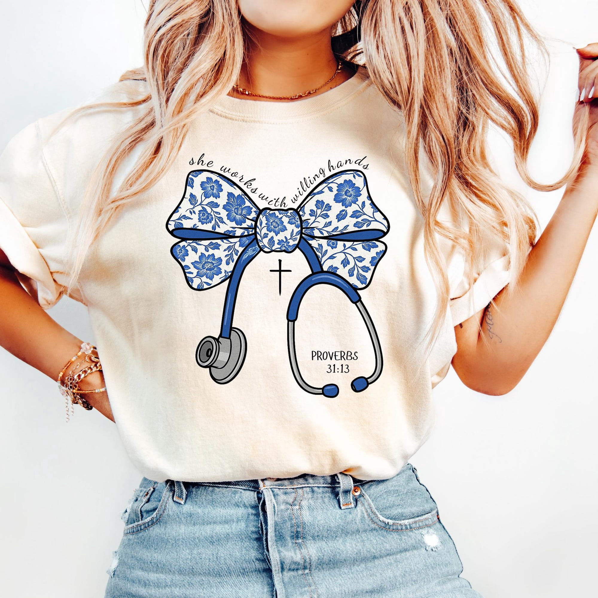 Comfort Colors Cream T-Shirt with Blue Floral Bow, Stethoscope, and ...