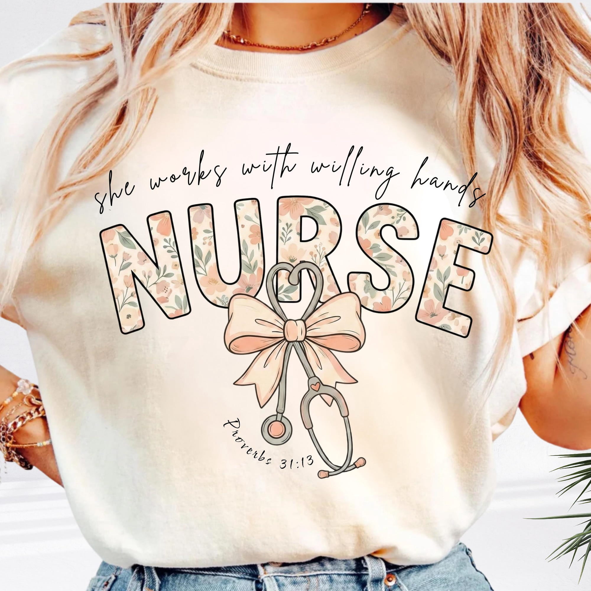 Comfort Colors Cream T-Shirt with Floral 'NURSE' Design, Stethoscope ...