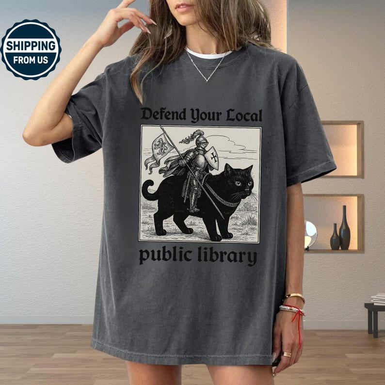 Comfort Colors Defend Your Local Library Shirt Vintage Knight Cat
