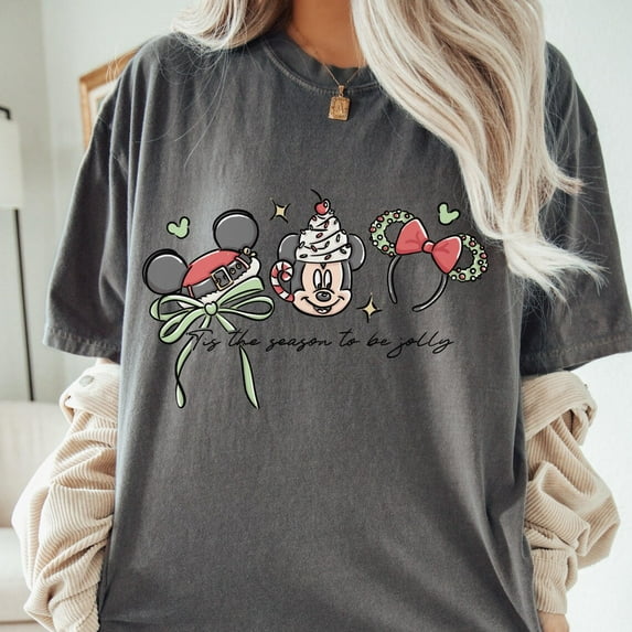 Comfort Colors Disney Christmas Mickey Tis The Season to be Jolly T-Shirt, Retro Disney Christmas Tee, Disney Matching Couple Shirt,Pepper Color,Size 2XL