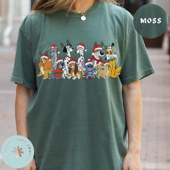 Comfort Colors Disney Dogs Christmas T-shirt, 101 Dalmatians, Dog Mom, Dog Lovers, Disney Family Shirt,Moss Color,Size M