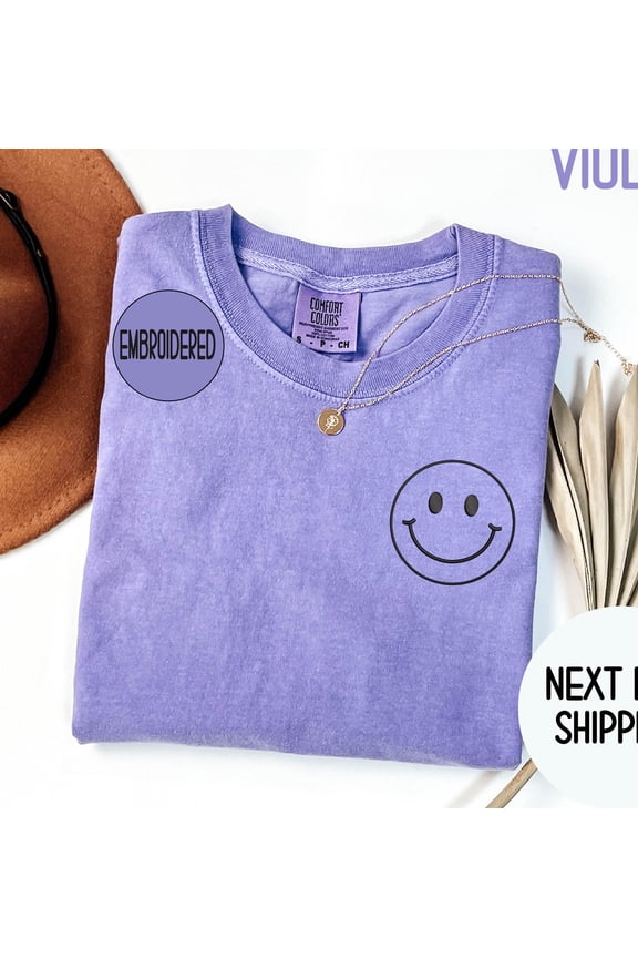 Comfort Colors® Embroidered Happy Face Shirt , Smile Embroidered Tee