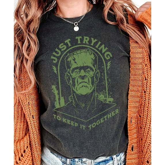Comfort Colors Frankenstein T-Shirt, Just Trying to Keep it Together Shirt, Funny Halloween, Pepper Color, Size S