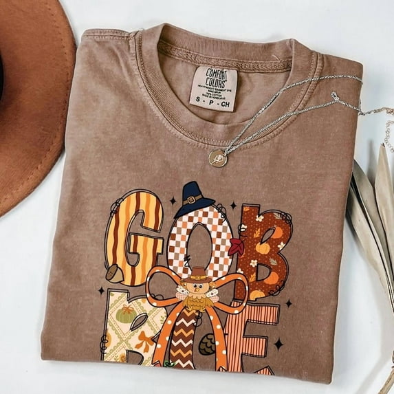 Comfort Colors Funny Gobble Thanksgiving Shirt, Cute Coquette Bow Turkey Tee, Cozy Fall Shirt for Women, Thanksgiving Shirt