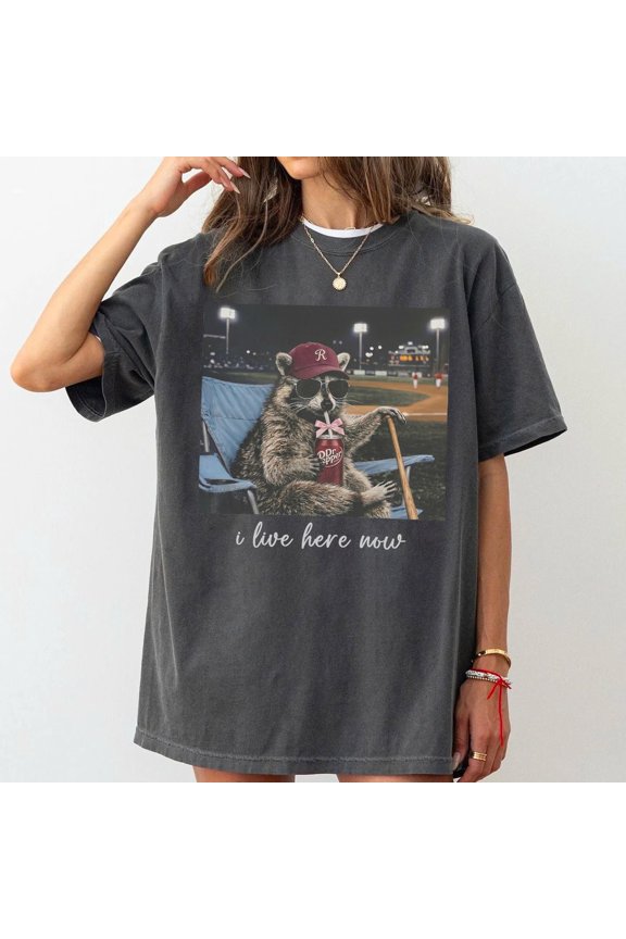 Comfort Colors Funny Raccoon I live Here Now Shirt, Ballfield Dark Shirt, Baseball field, Raccoon Drinking Dr. Pepper Tee, Baseball Mama Tee