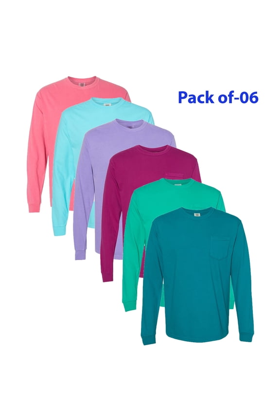 Garment-Dyed Heavyweight Long Sleeve Tee Shirt for Men with Pocket | Bulk Mix Color Tee | Pack of 6 - Size 2XL