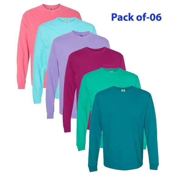 Comfort Colors Garment-Dyed Heavyweight Long Sleeve Tee Shirt for Men with Pocket | Bulk Mix Color Tee | Pack of 6 - Size S