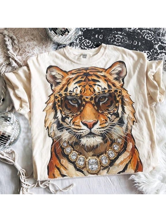 Comfort Colors Glam Tiger Shirt, Leopard Bubblegum Sunglasses T-Shirt Cute Animal Print Tee