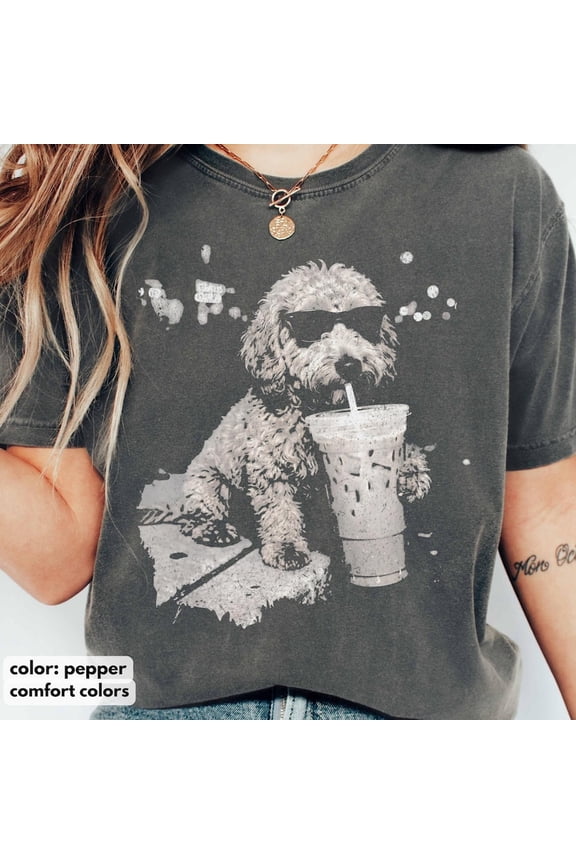 Comfort Colors Goldendoodle Shirt, Funny Dog Drinking Iced Coffee T-shirt, Vintage Dog Shirt, Dog Dad Unisex Tee, Golden Doodle Lover Gift